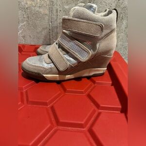 Tan Wedge Shoes with Velcro Straps and Sturdy Sole